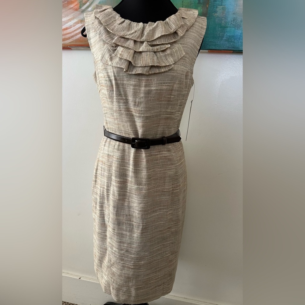 Classiques Entier Vintage New Linen Blend Ruffle Front Tan Multi Shift Dress 2
